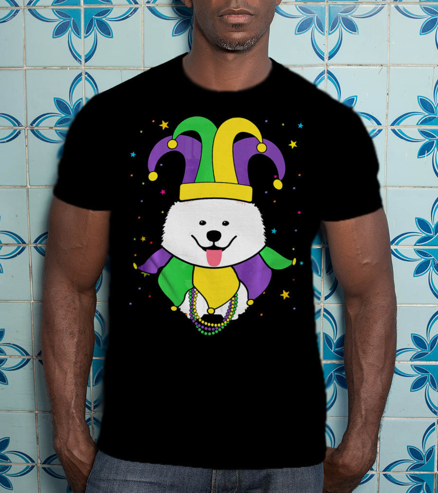 Funny Samoyed With Jester Hat And Mardi Gras Colors T-Shirt