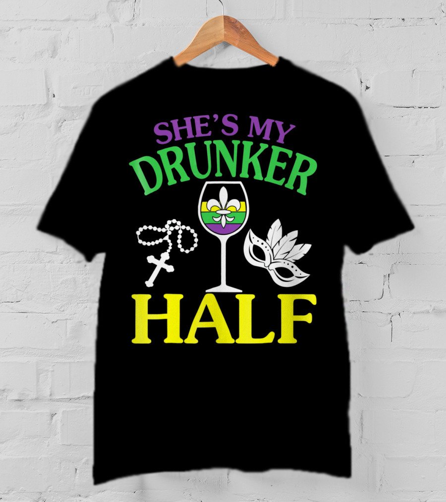 SHE'S MY DRUNKER HALF Fleur-de-Lis Wine Glass Beads Mask T-Shirt