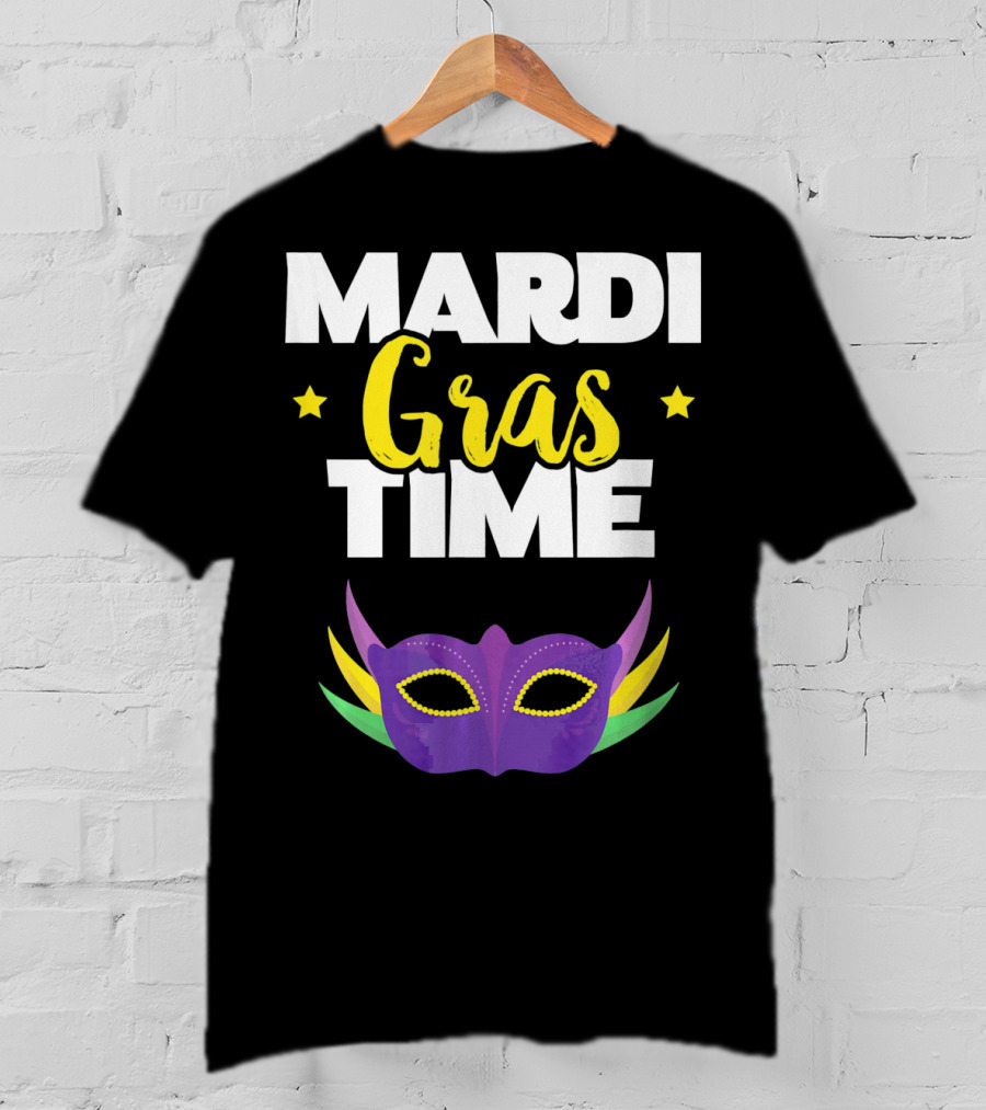 Mardi Gras Time Mask With Stars And Purple Yellow Green Elements T-Shirt