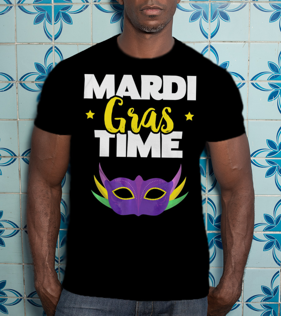 Mardi Gras Time Mask With Stars And Purple Yellow Green Elements T-Shirt