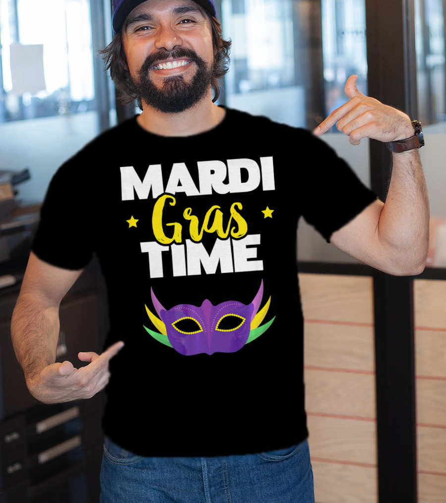 Mardi Gras Time Mask With Stars And Purple Yellow Green Elements T-Shirt