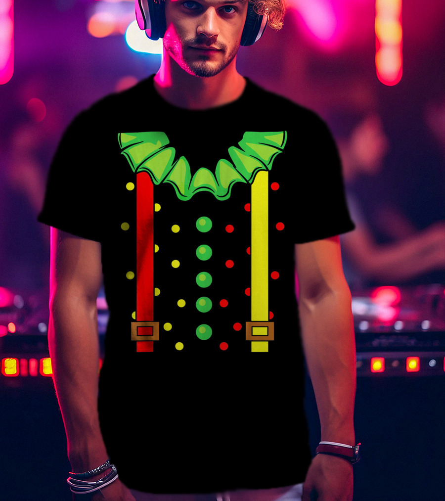 Funny Red And Yellow Suspenders With Green Jester Collar Clown T-Shirt