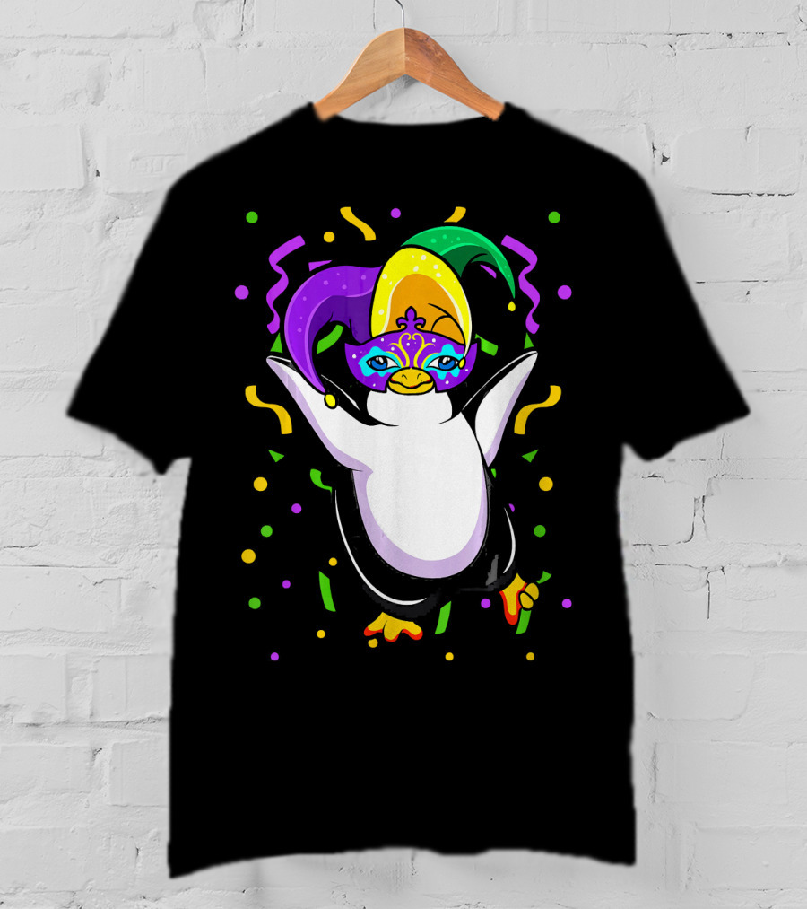 Mardi Gras Penguin With Colorful Jester Hat And Mask T-Shirt