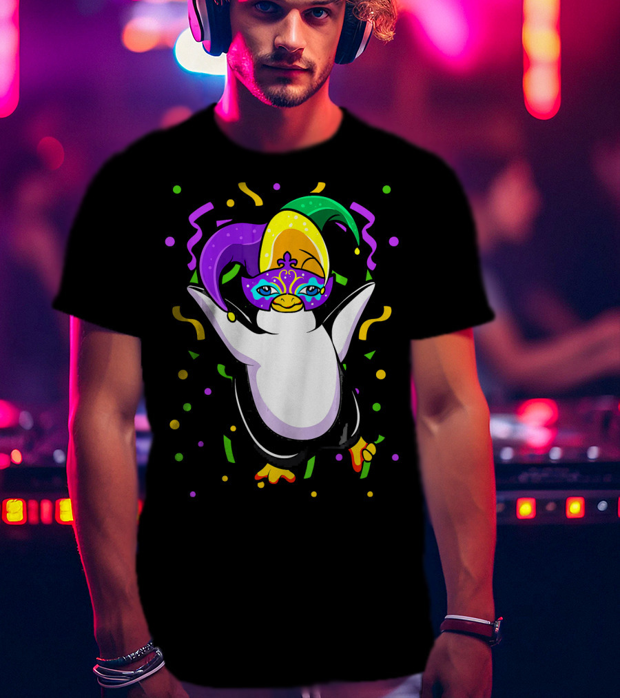 Mardi Gras Penguin With Colorful Jester Hat And Mask T-Shirt