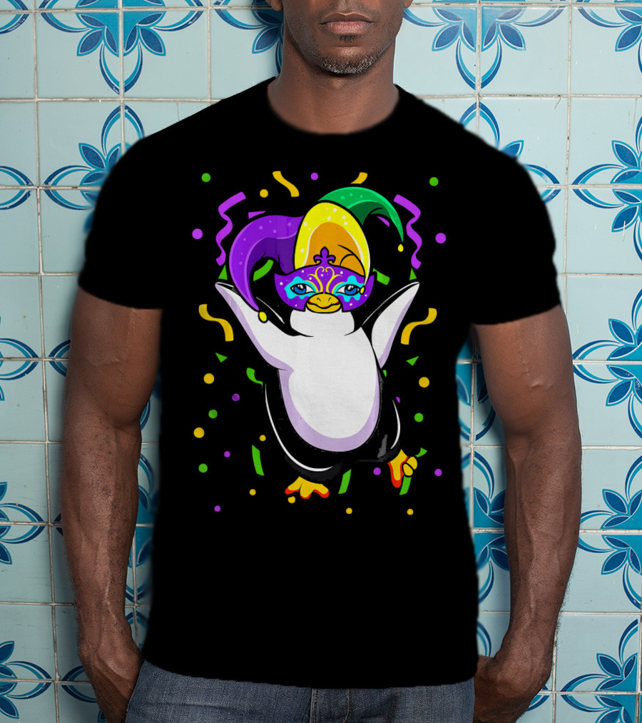 Mardi Gras Penguin With Colorful Jester Hat And Mask T-Shirt