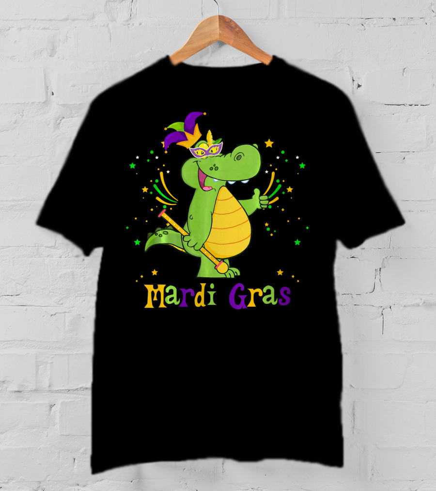 Mardi Gras Alligator With Mask And Star Accents T-Shirt