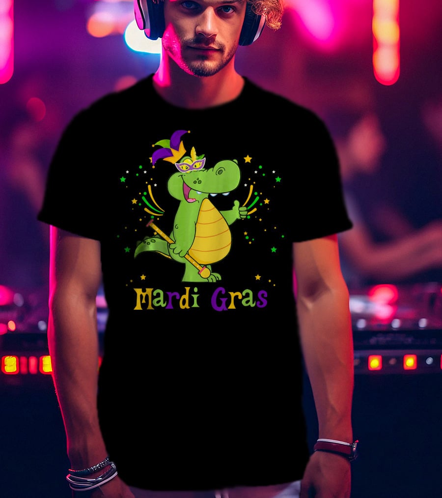 Mardi Gras Alligator With Mask And Star Accents T-Shirt