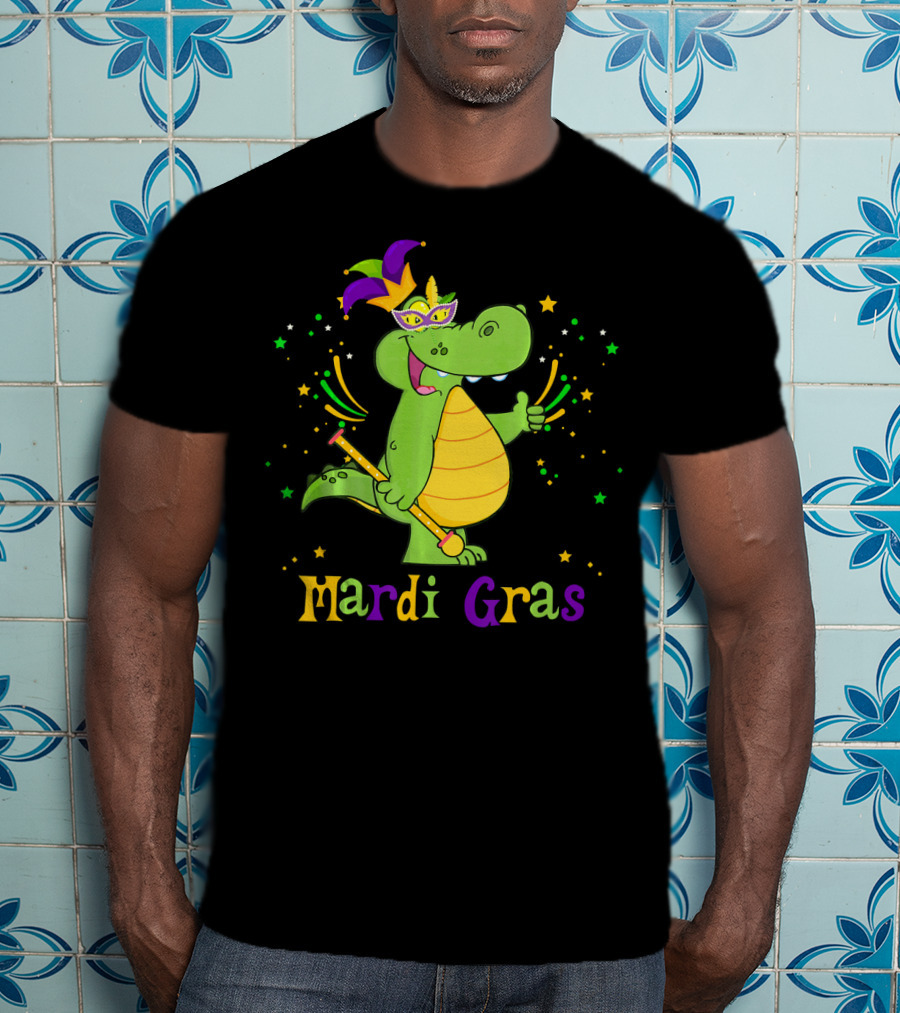 Mardi Gras Alligator With Mask And Star Accents T-Shirt