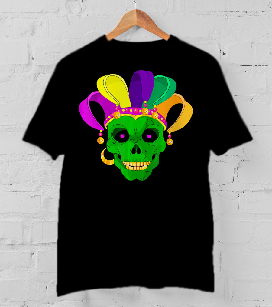 Skull Face Green Jester Hat Mardi Gras T-Shirt