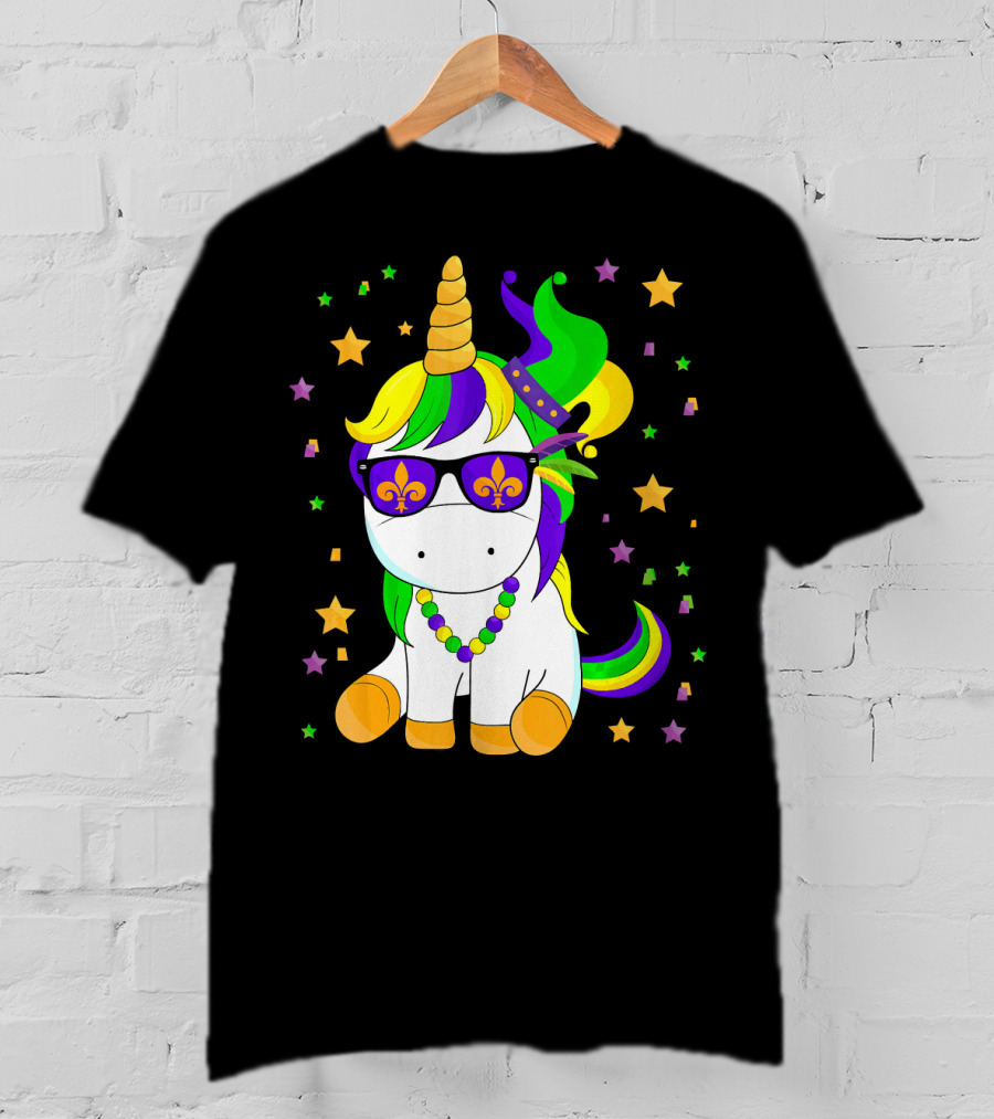Mardi Gras Unicorn Kid Carnival Stars Fleur-de-Lis Beads T-Shirt