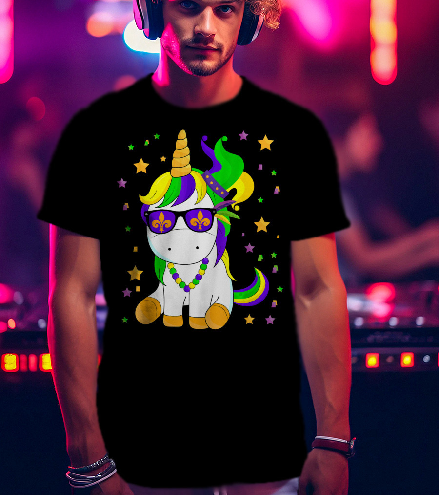 Mardi Gras Unicorn Kid Carnival Stars Fleur-de-Lis Beads T-Shirt