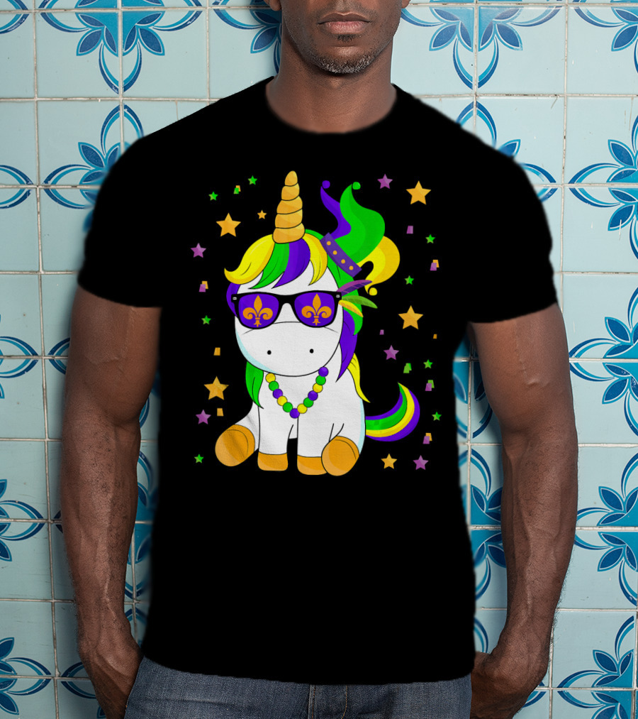Mardi Gras Unicorn Kid Carnival Stars Fleur-de-Lis Beads T-Shirt
