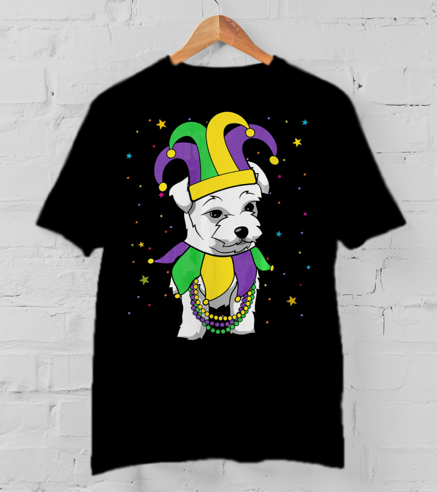 Havanese Dog Jester Hat Mardi Gras Beads Funny Stars T-Shirt