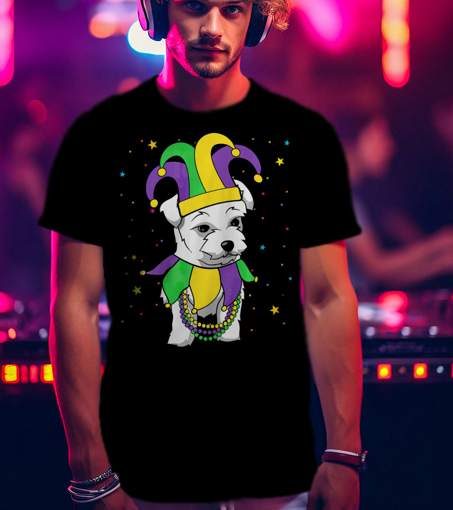 Havanese Dog Jester Hat Mardi Gras Beads Funny Stars T-Shirt