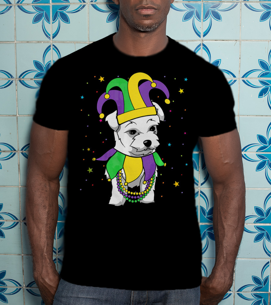 Havanese Dog Jester Hat Mardi Gras Beads Funny Stars T-Shirt