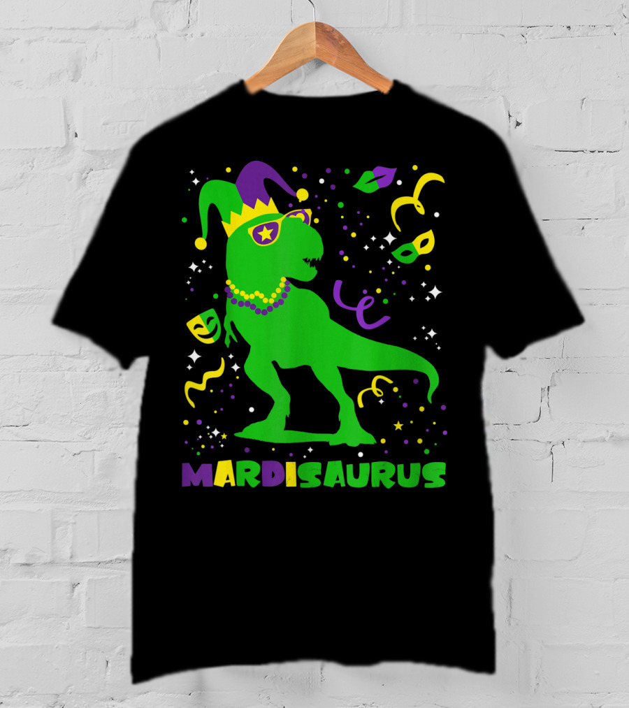 Mardi Gras Dinosaur Mardisaurus Jester Hat Beads Masks Party T-Shirt