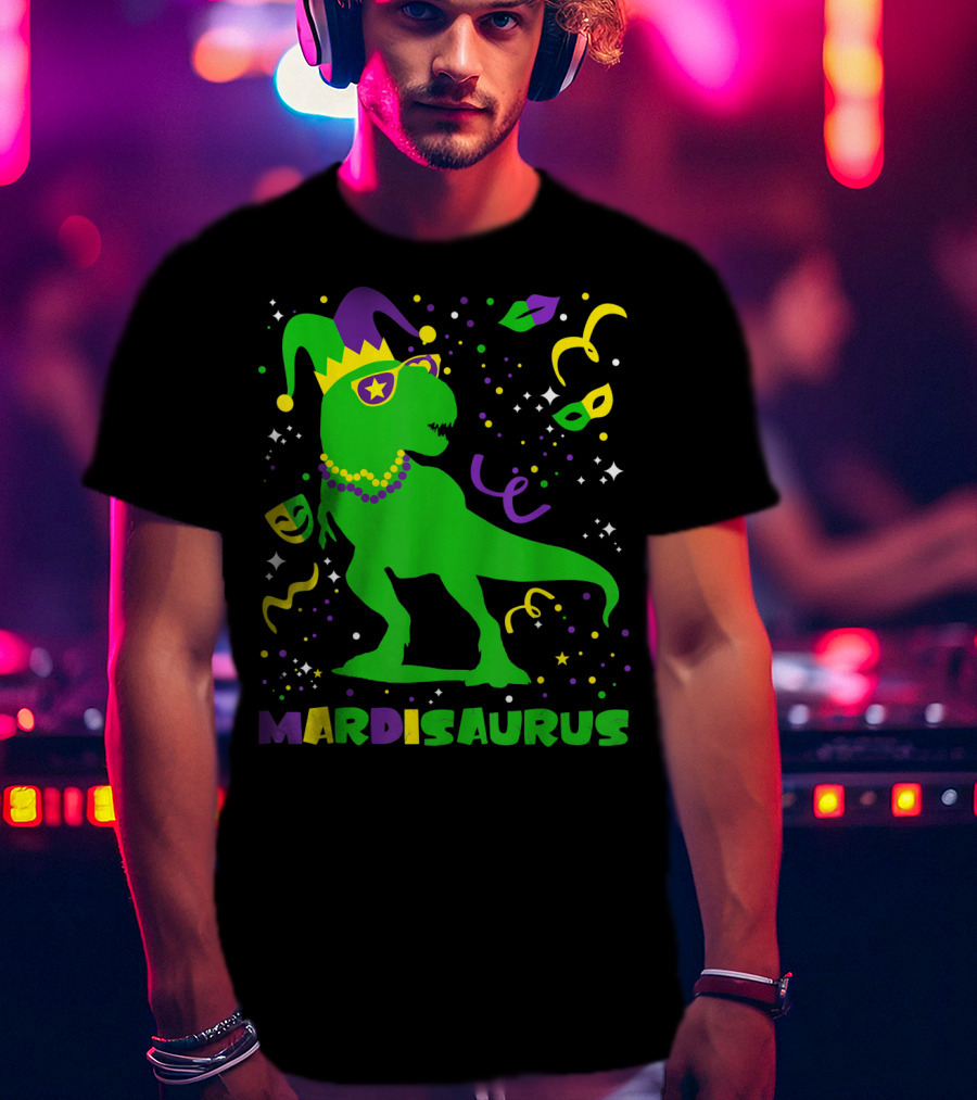 Mardi Gras Dinosaur Mardisaurus Jester Hat Beads Masks Party T-Shirt