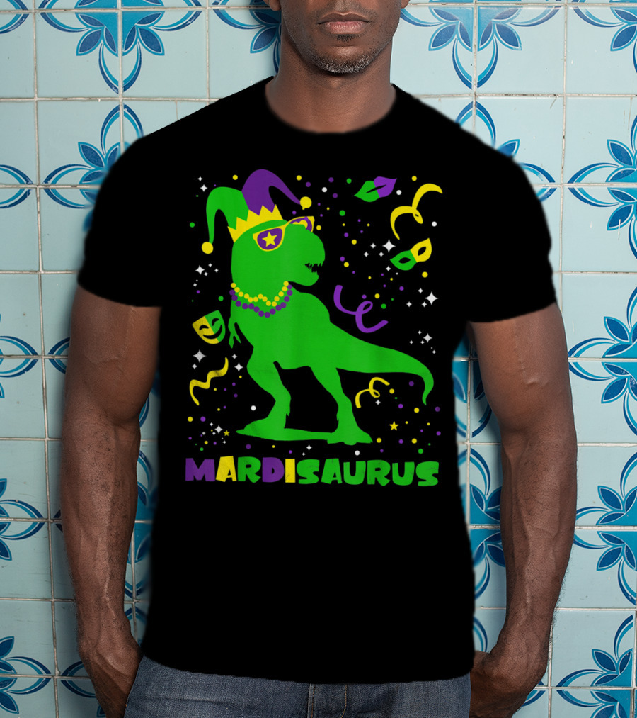 Mardi Gras Dinosaur Mardisaurus Jester Hat Beads Masks Party T-Shirt