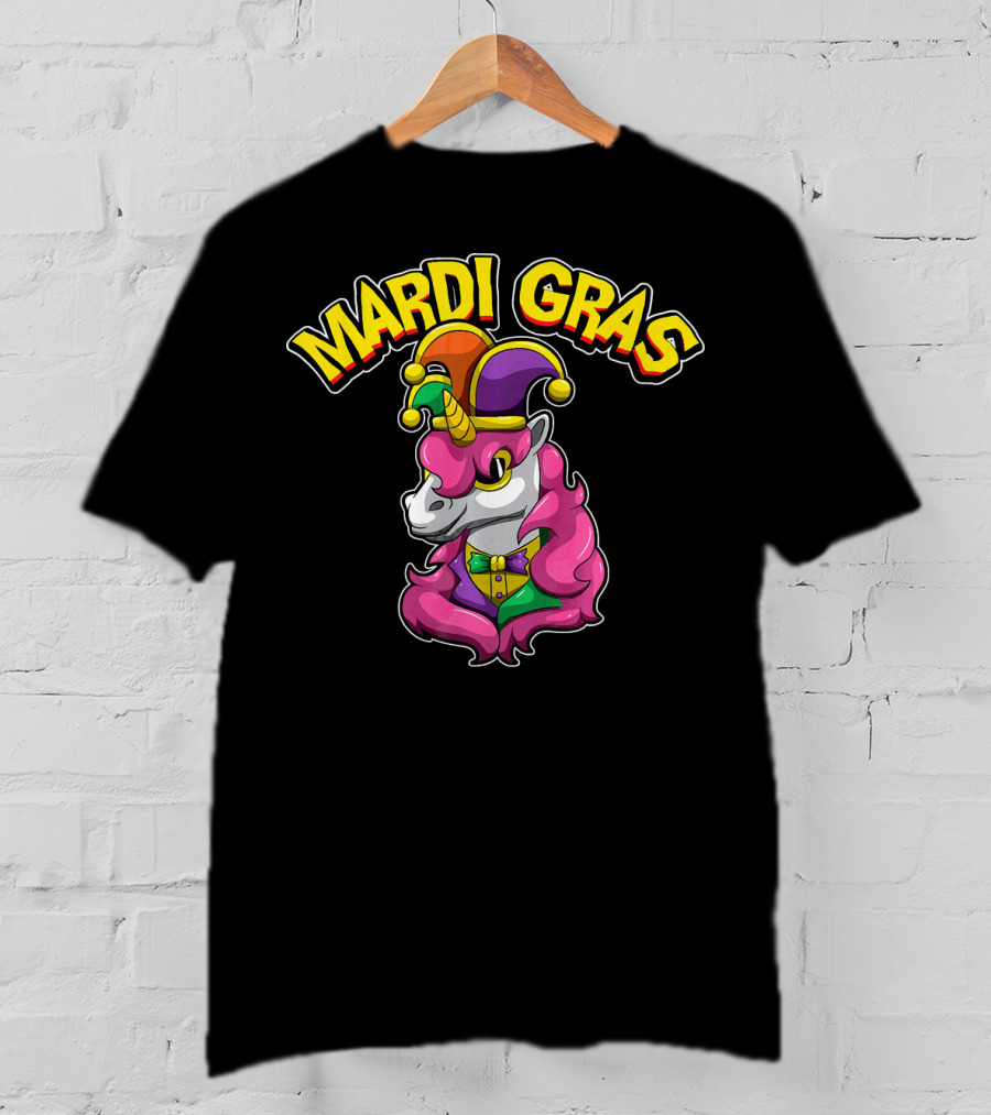 Mardi Gras Unicorn In Jester Hat With Colorful Costume T-Shirt