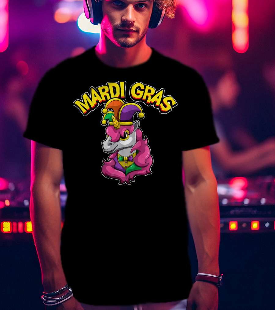 Mardi Gras Unicorn In Jester Hat With Colorful Costume T-Shirt