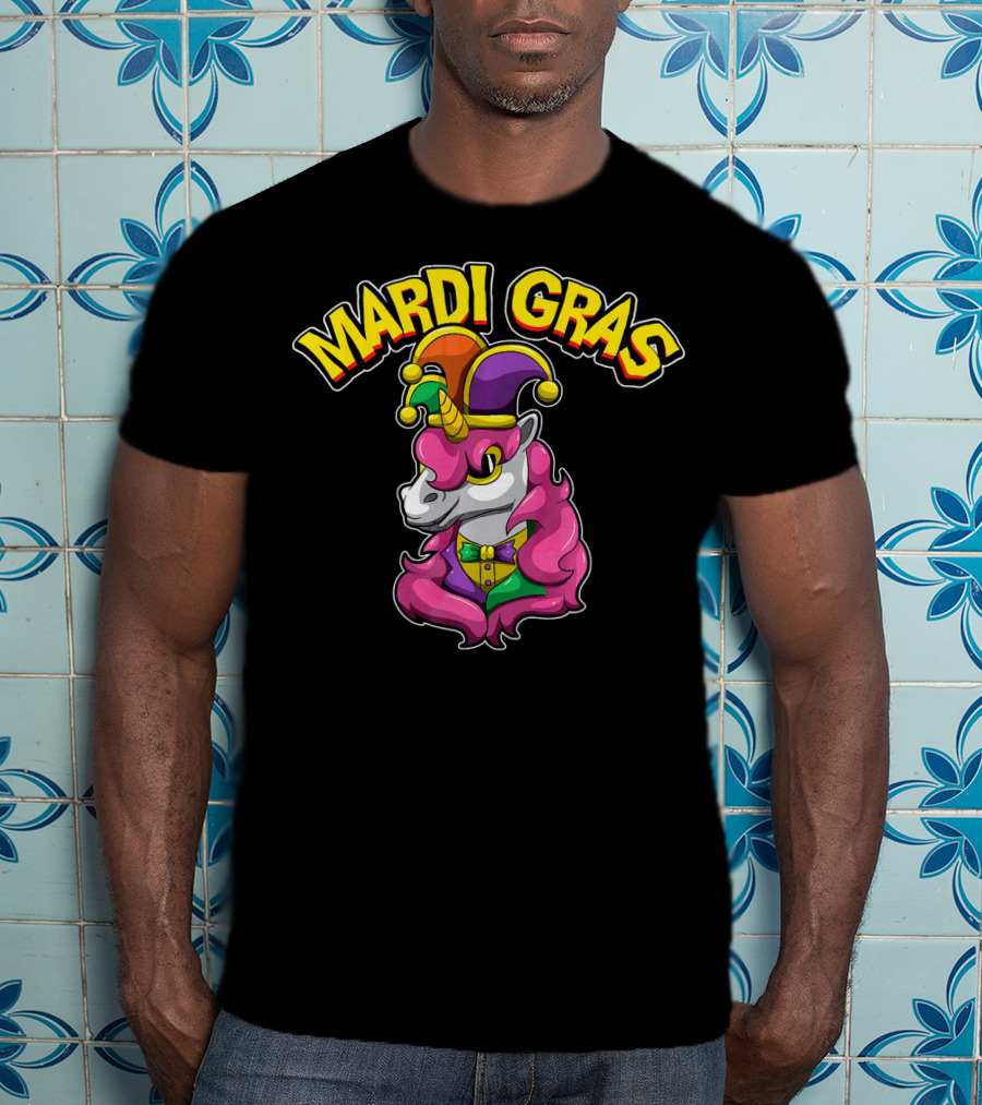 Mardi Gras Unicorn In Jester Hat With Colorful Costume T-Shirt