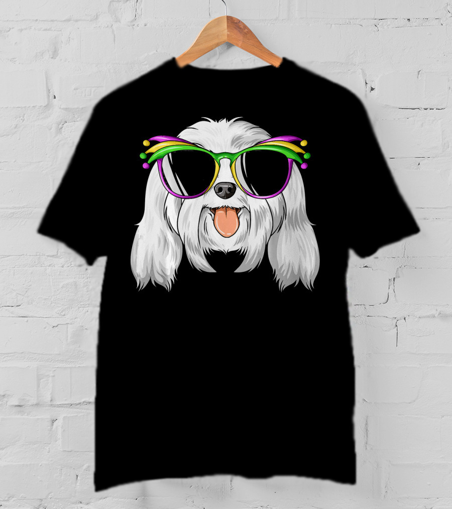 Maltese Dog With Mardi Gras Carnival Mask And Sunglasses T-Shirt