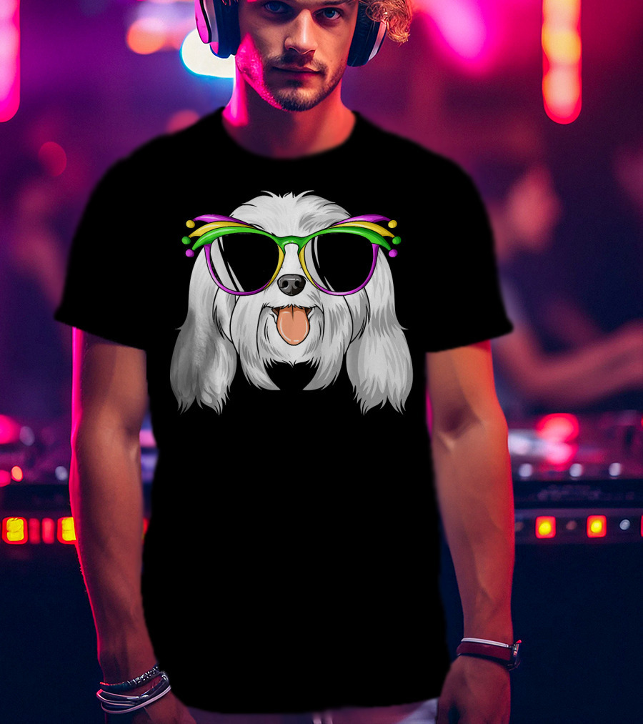 Maltese Dog With Mardi Gras Carnival Mask And Sunglasses T-Shirt