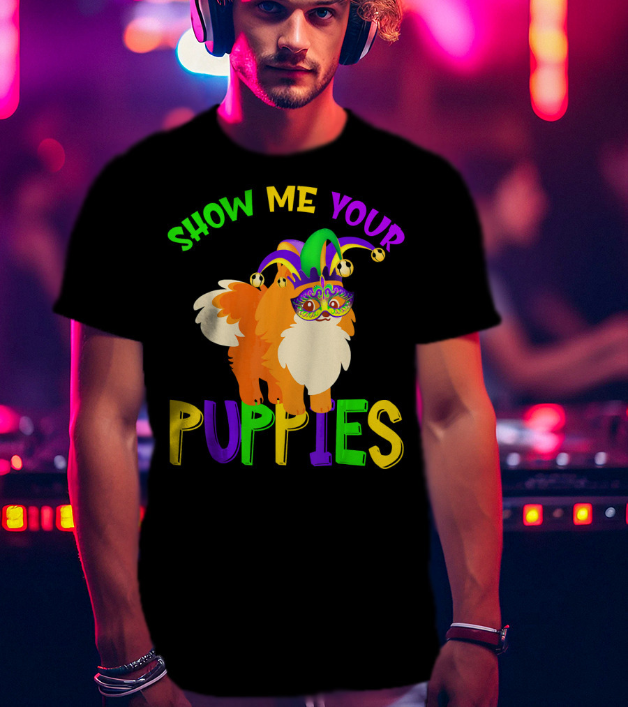 Show Me Your Puppies Pomeranian Jester Mask Colorful Fun T-Shirt