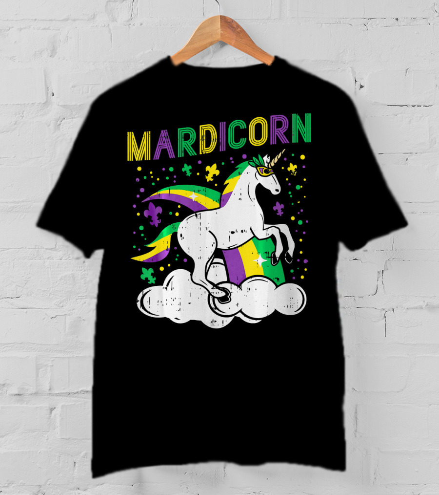 Mardicorn Retro Unicorn Jester Animal Mardi Gras Fleur-de-Lis Clouds T-Shirt