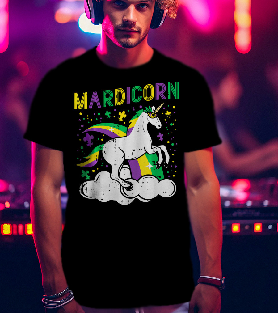 Mardicorn Retro Unicorn Jester Animal Mardi Gras Fleur-de-Lis Clouds T-Shirt