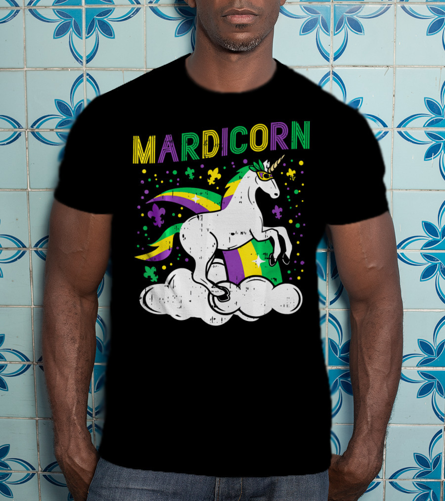 Mardicorn Retro Unicorn Jester Animal Mardi Gras Fleur-de-Lis Clouds T-Shirt