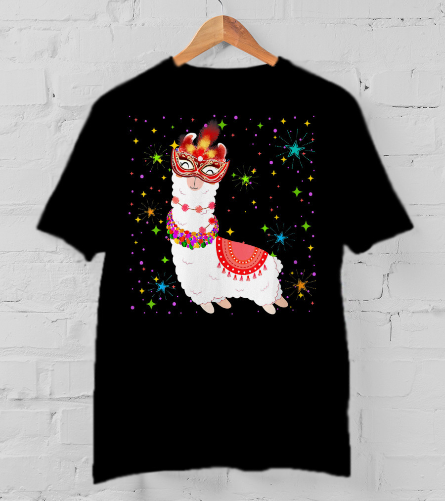 Llama Mardi Gras Mask Beads Colorful Festive Stars T-Shirt