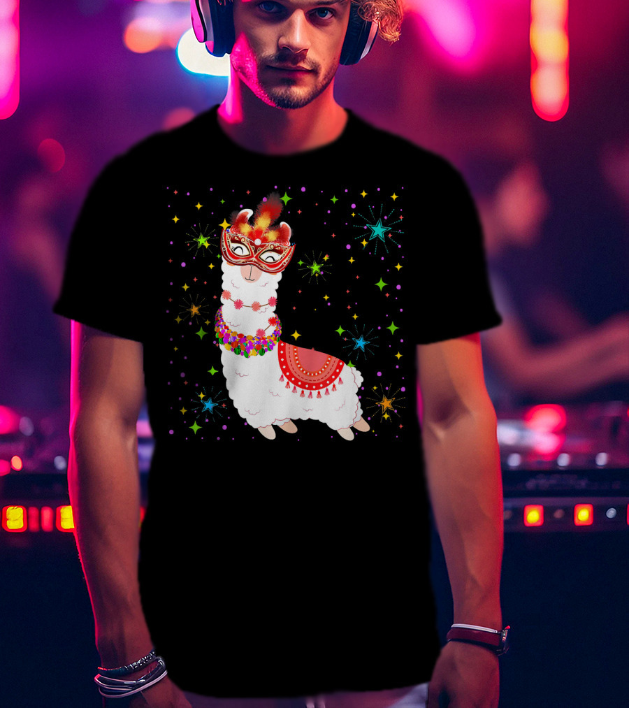 Llama Mardi Gras Mask Beads Colorful Festive Stars T-Shirt