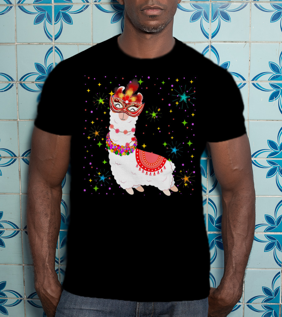 Llama Mardi Gras Mask Beads Colorful Festive Stars T-Shirt