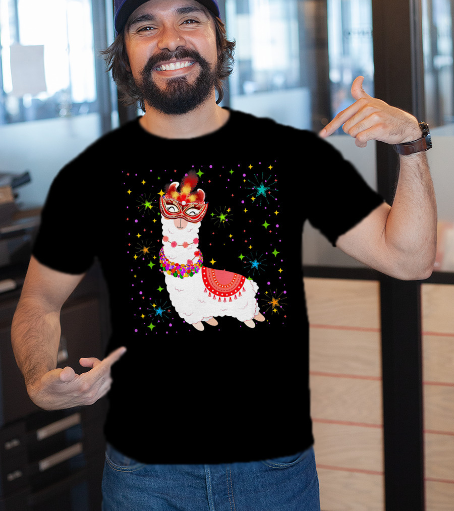 Llama Mardi Gras Mask Beads Colorful Festive Stars T-Shirt