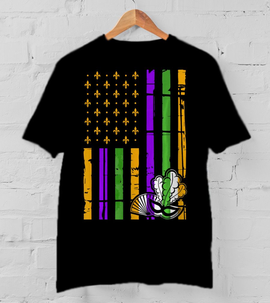 US Mardi Gras Celebration Flag Fleur De Lis Mask T-Shirt