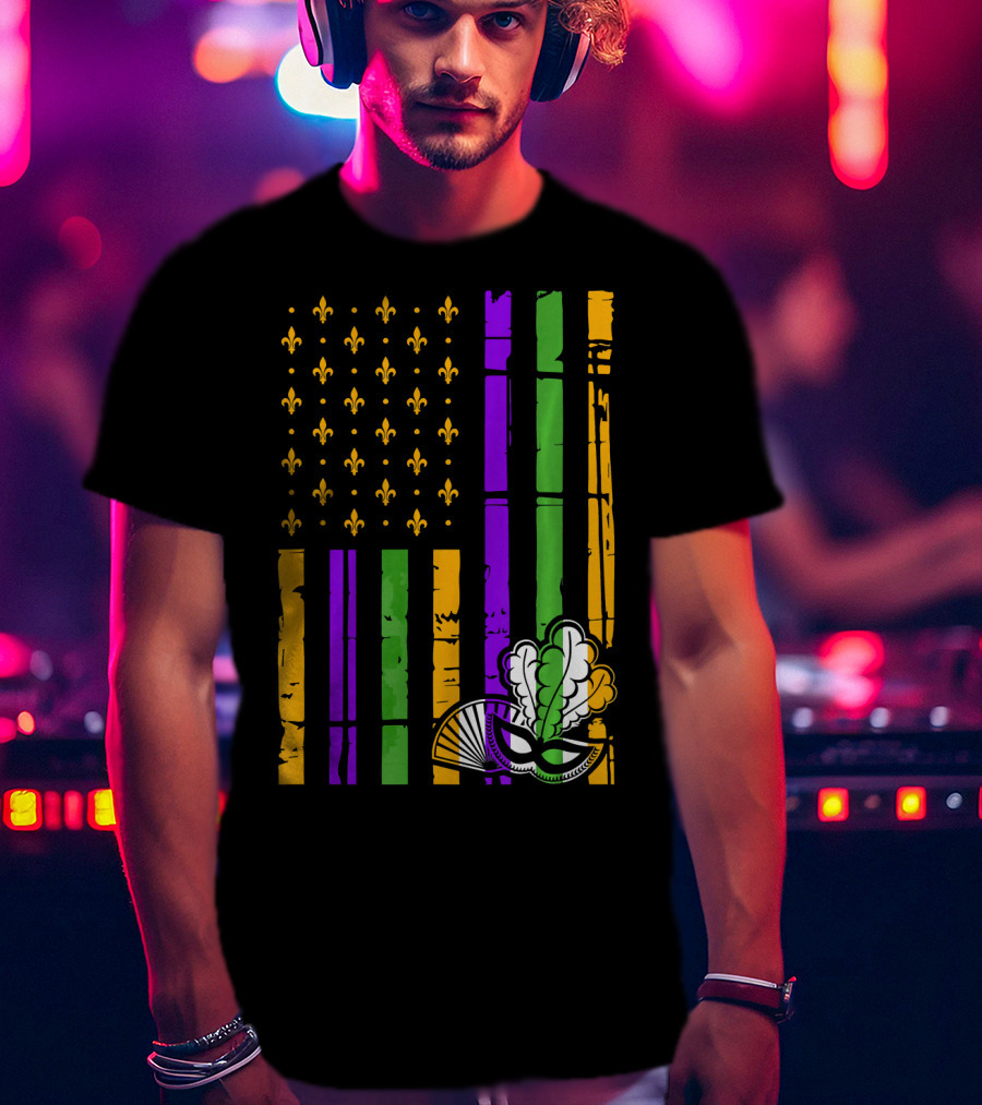 US Mardi Gras Celebration Flag Fleur De Lis Mask T-Shirt