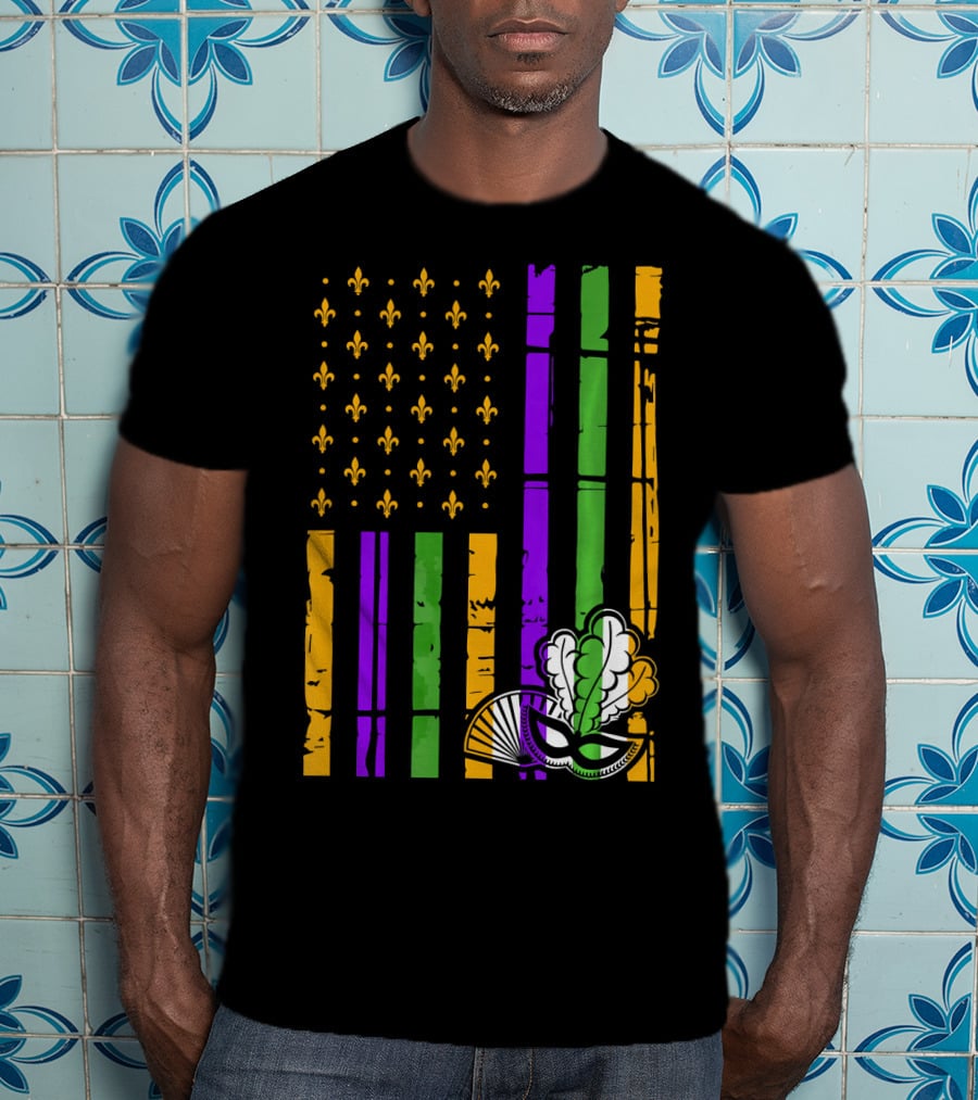 US Mardi Gras Celebration Flag Fleur De Lis Mask T-Shirt