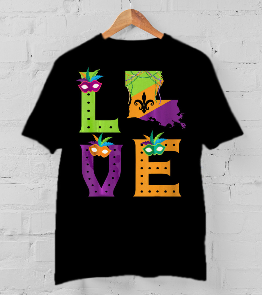 Love Mardi Gras Louisiana Fleur-de-lis Mask Beads T-Shirt