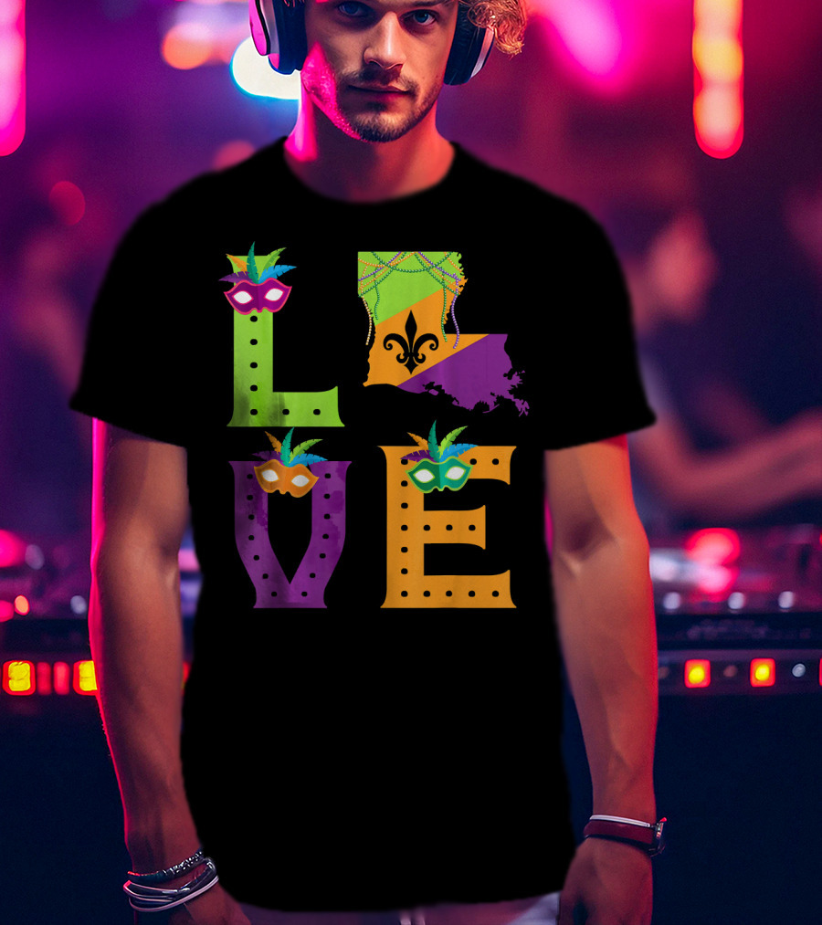 Love Mardi Gras Louisiana Fleur-de-lis Mask Beads T-Shirt