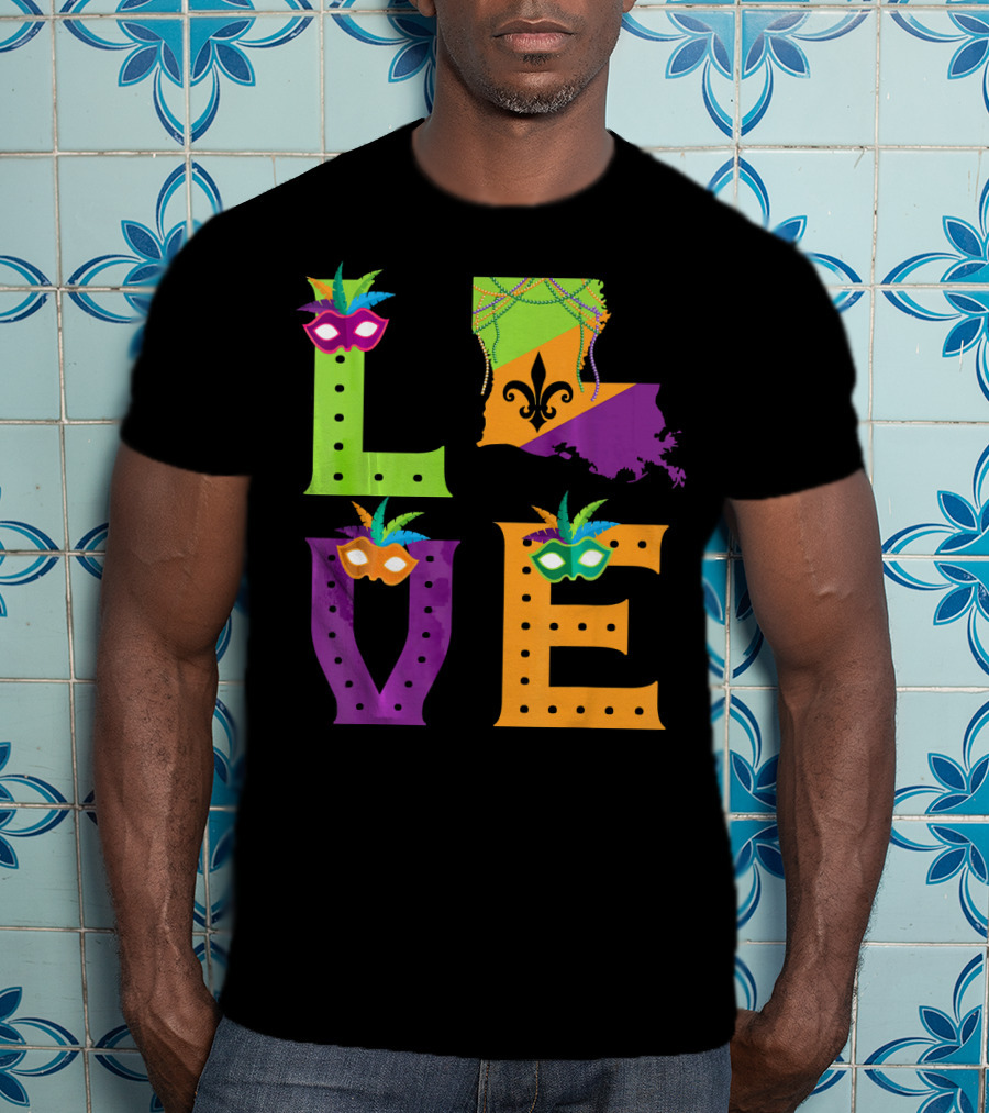 Love Mardi Gras Louisiana Fleur-de-lis Mask Beads T-Shirt