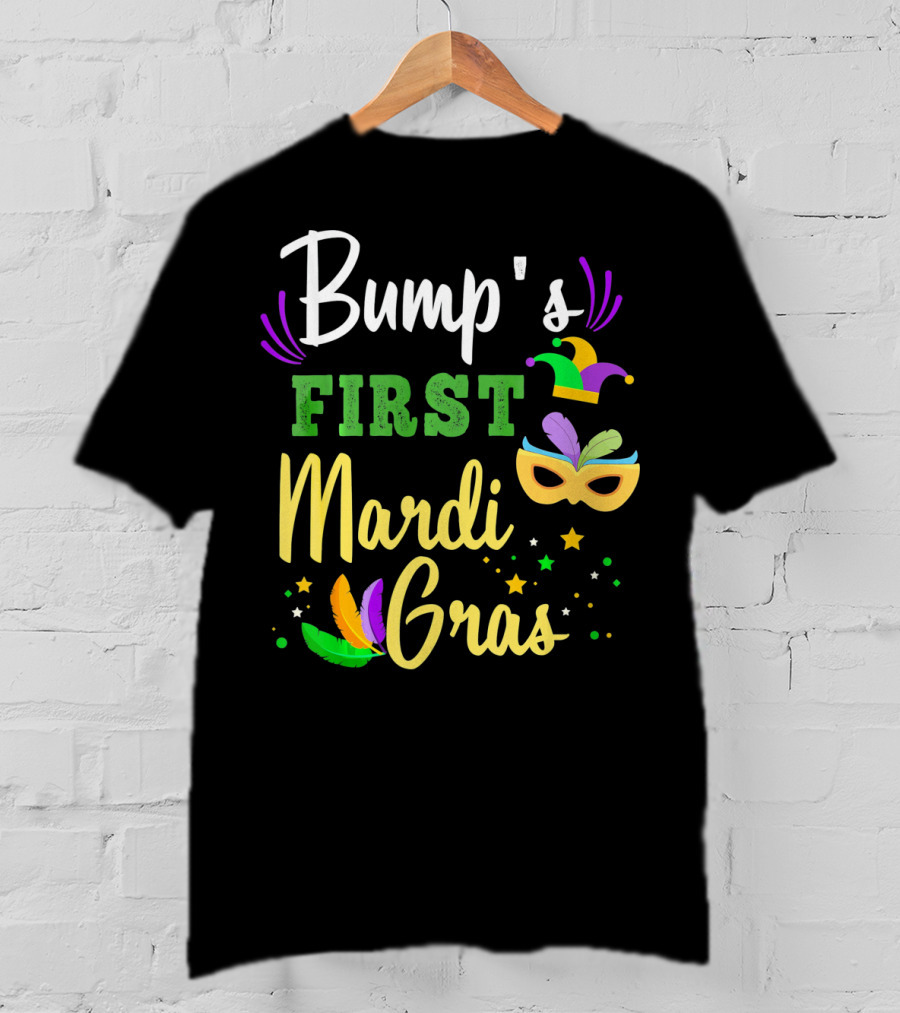 Bump's First Mardi Gras Jester Hat Mask Feathers Stars T-Shirt