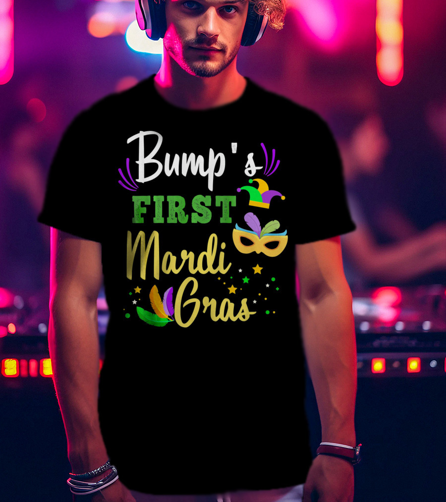 Bump's First Mardi Gras Jester Hat Mask Feathers Stars T-Shirt