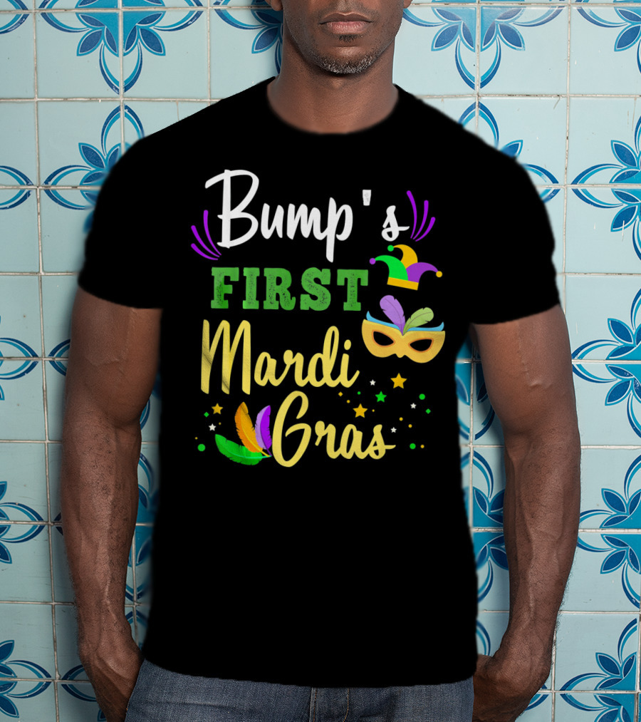 Bump's First Mardi Gras Jester Hat Mask Feathers Stars T-Shirt