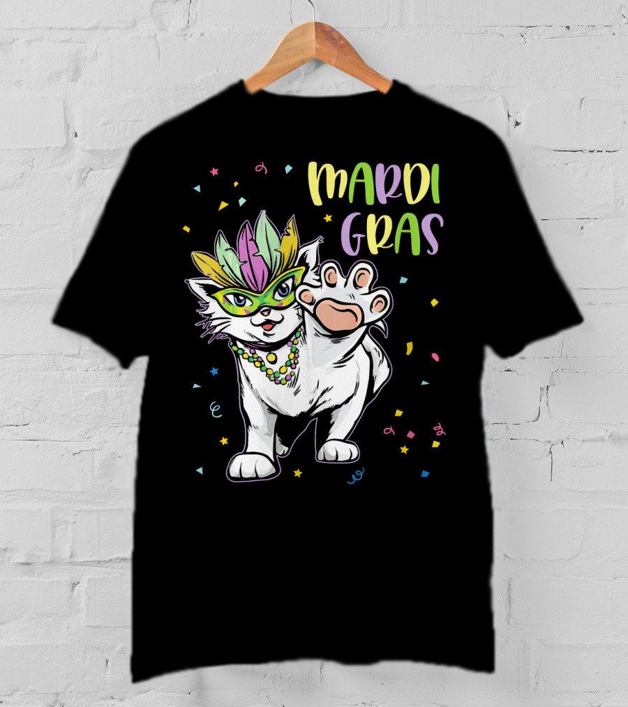 Mardi Gras Masked Cat Dancing With Beads And Confetti T-Shirt