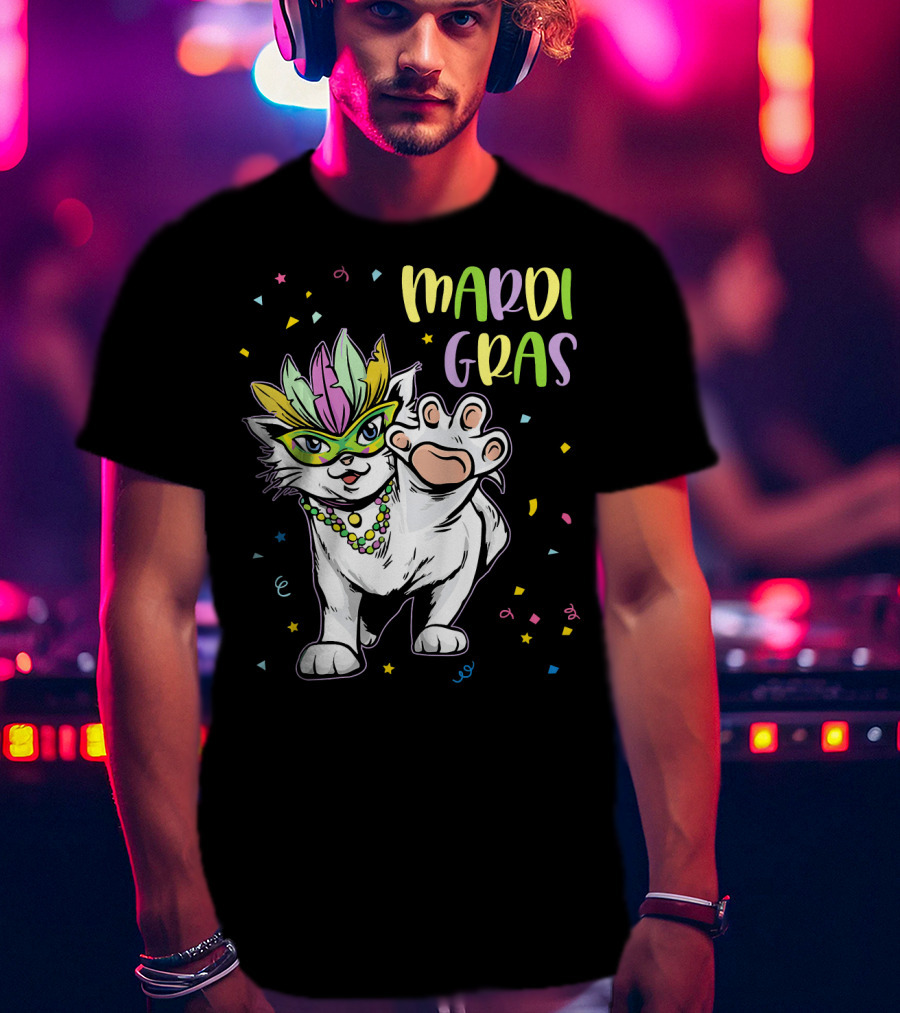 Mardi Gras Masked Cat Dancing With Beads And Confetti T-Shirt