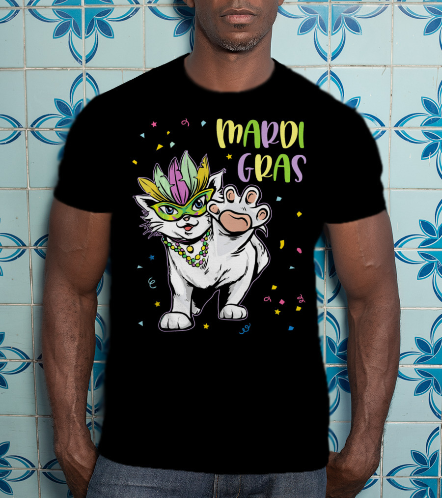 Mardi Gras Masked Cat Dancing With Beads And Confetti T-Shirt
