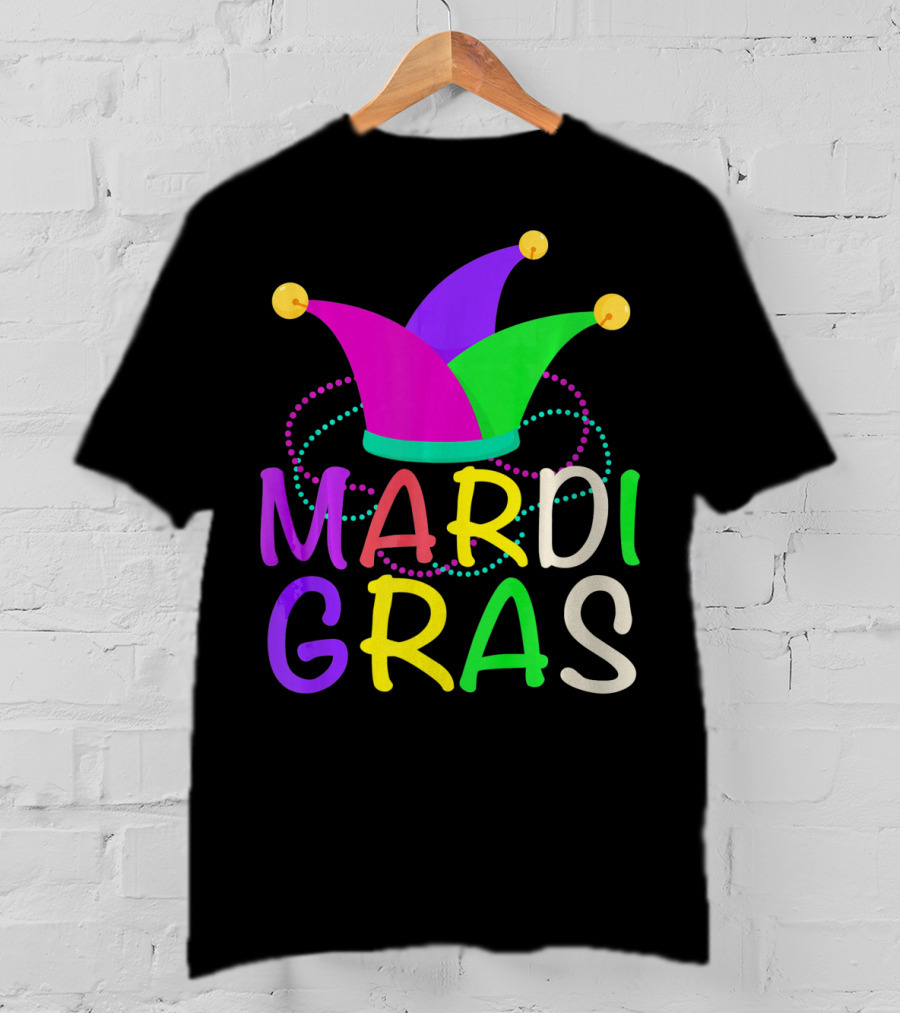 Mardi Gras Jester Hat Colorful Beads T-Shirt