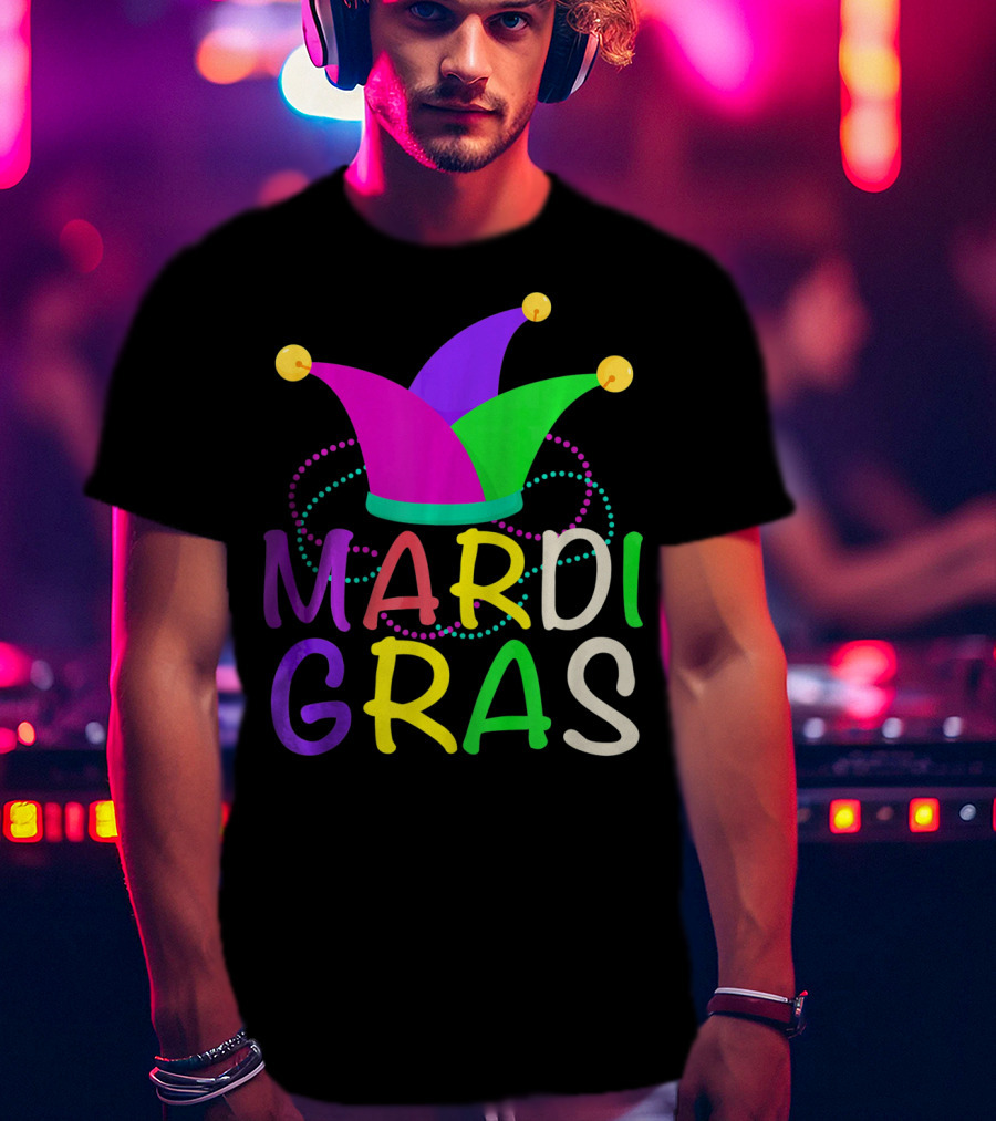 Mardi Gras Jester Hat Colorful Beads T-Shirt