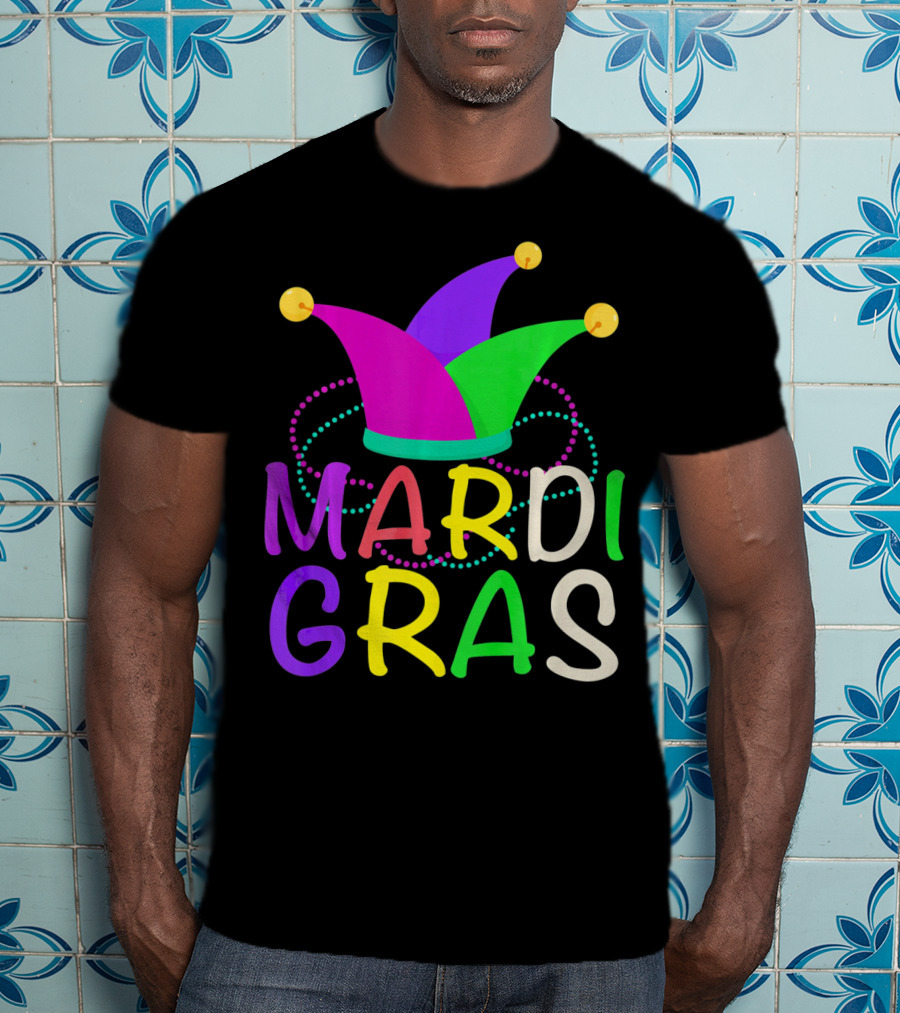 Mardi Gras Jester Hat Colorful Beads T-Shirt